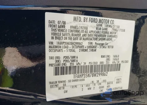 2008 Ford Focus Se/Ses из США, поврежденный, VIN 1FAHP35N78W299862